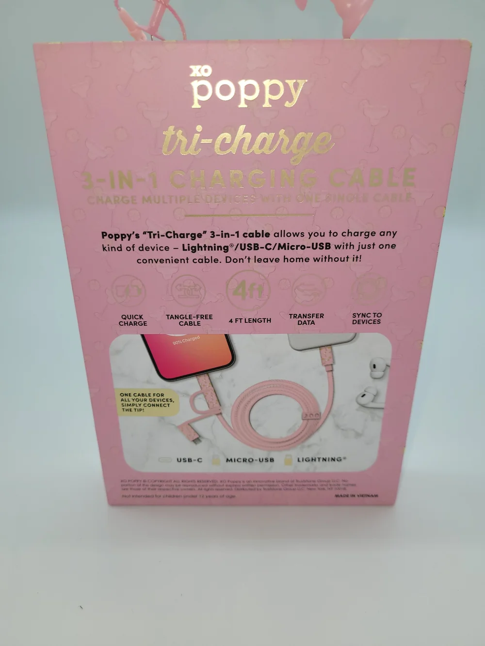 XO Popp Margarita Main Squeeze Pink 3-in-1 Charging Cable - 4ft